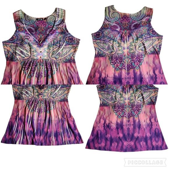APT 9 Purple Pink Multi Color Paisley Ikat V Neck Sleeveless Tunic Top sz S - Picture 3 of 12